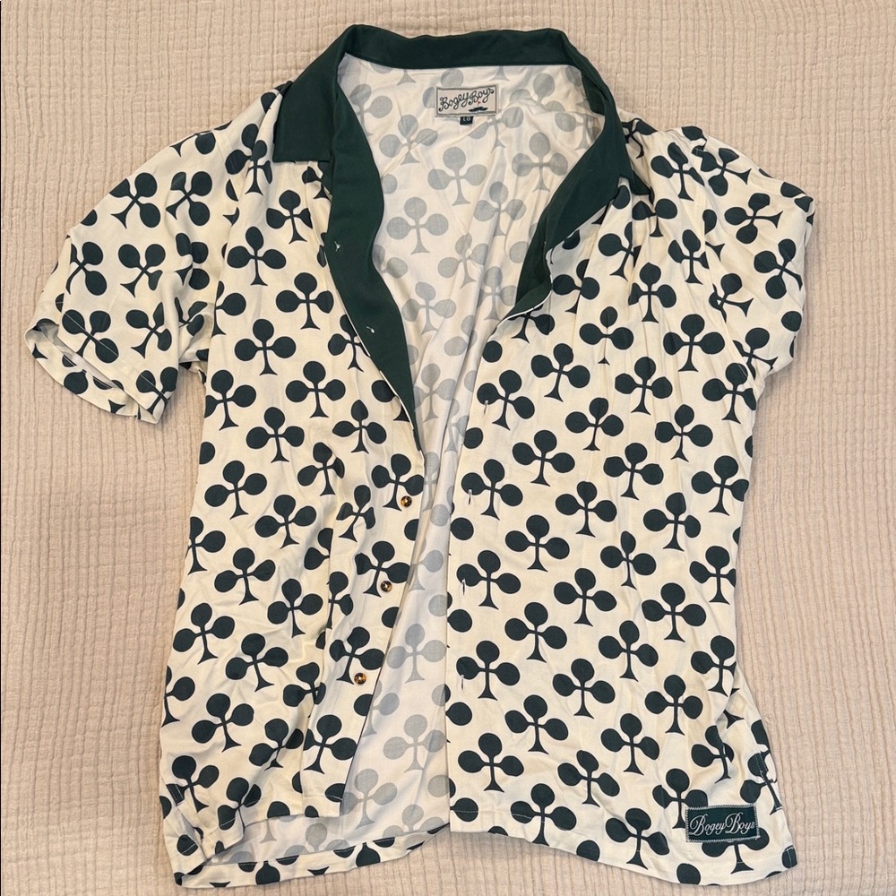 Men's Clover Print Casual Button-Down Shirt - Green and White